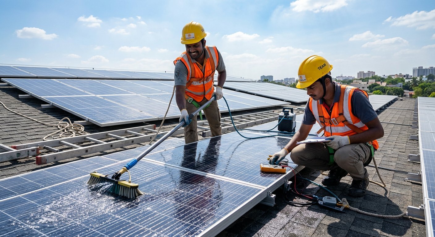 EcoHarbor Solar technicians maintaining rooftop solar panels in Maharashtra